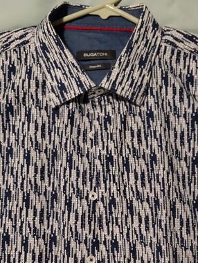 Bugatchi Short Sleeve Navy and White Geometric Print Button-Down Shirt